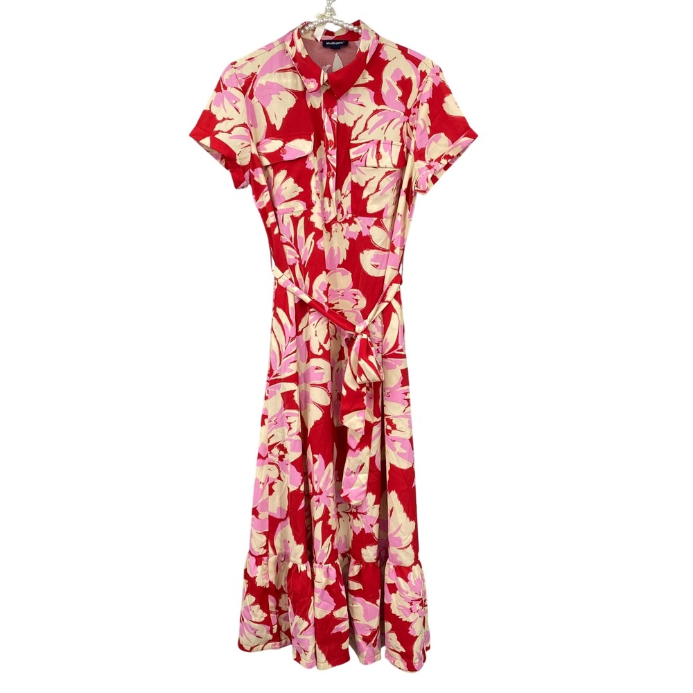 Studio Park Floral Print Maxi Shirt Dress Red Pink Cream Belted Hawaiian‎ SP